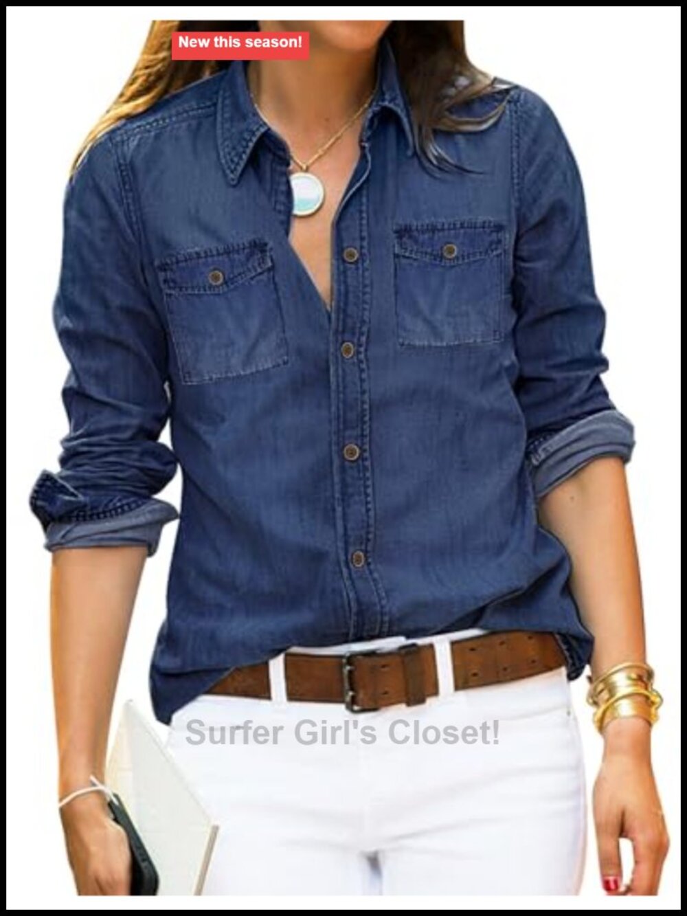 Women's 100% Cotton Chambray Button Down Shirt Long Sleeve Relaxed Fit Blouse